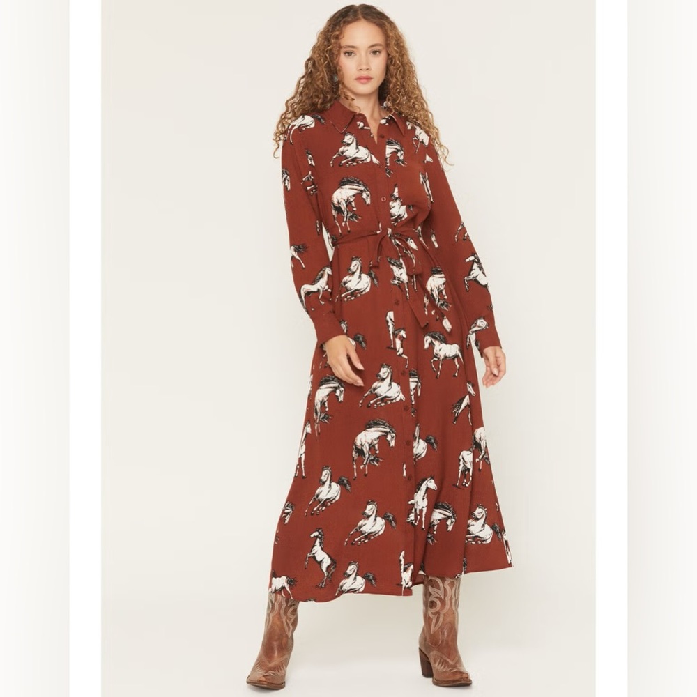 Elegant Long Sleeve Equestrian Print Dress